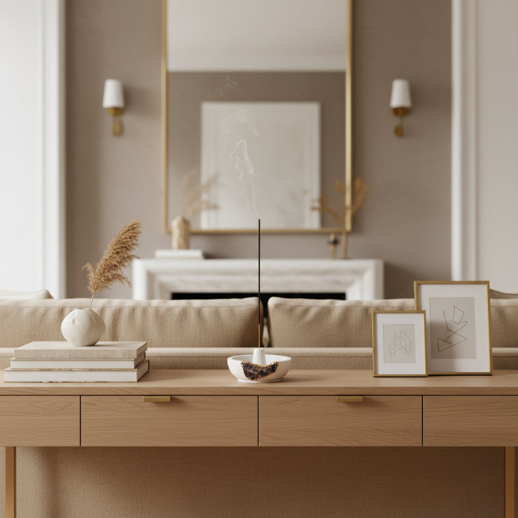 Incense holder with a single incense stick on a beige background