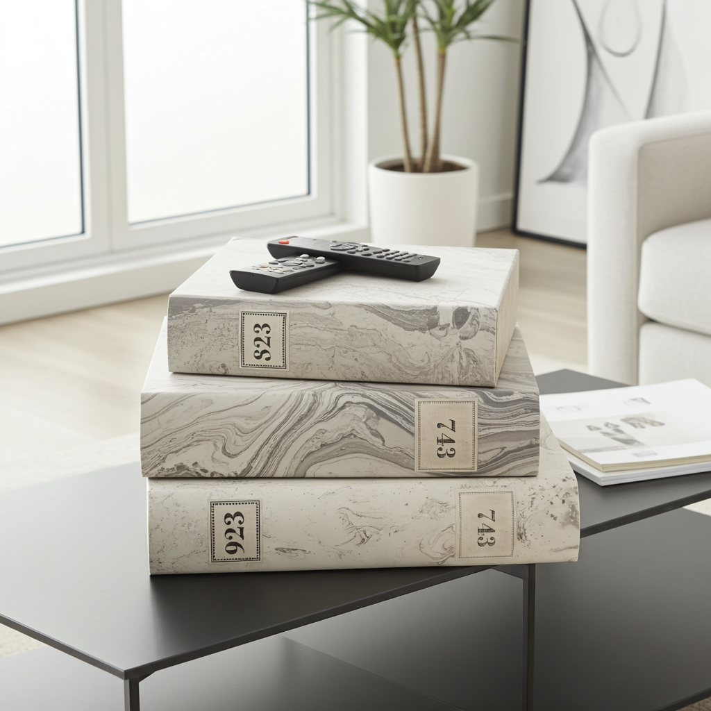 Stack of books on a coffee table with remote controls in a living room setting