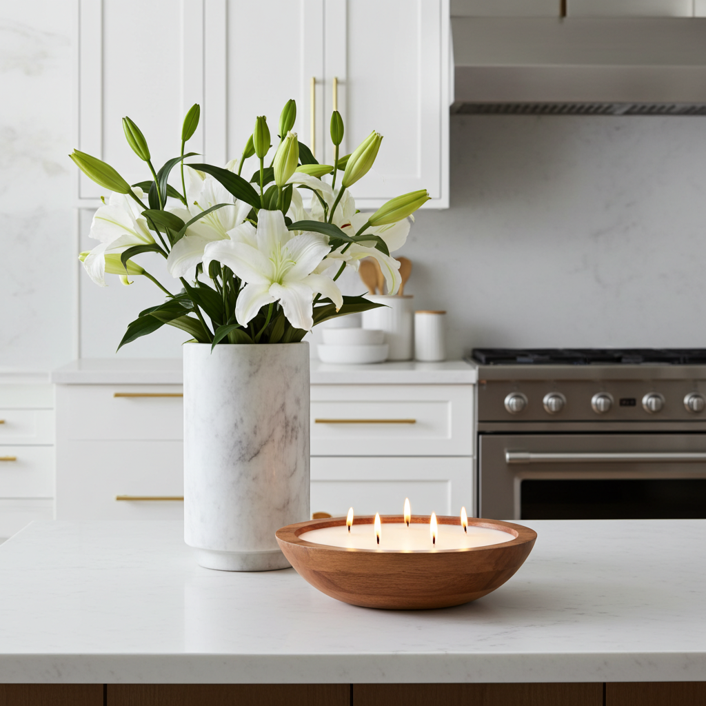 Candle in a wooden bowl on a kitchen counter with a vase of white flowers.