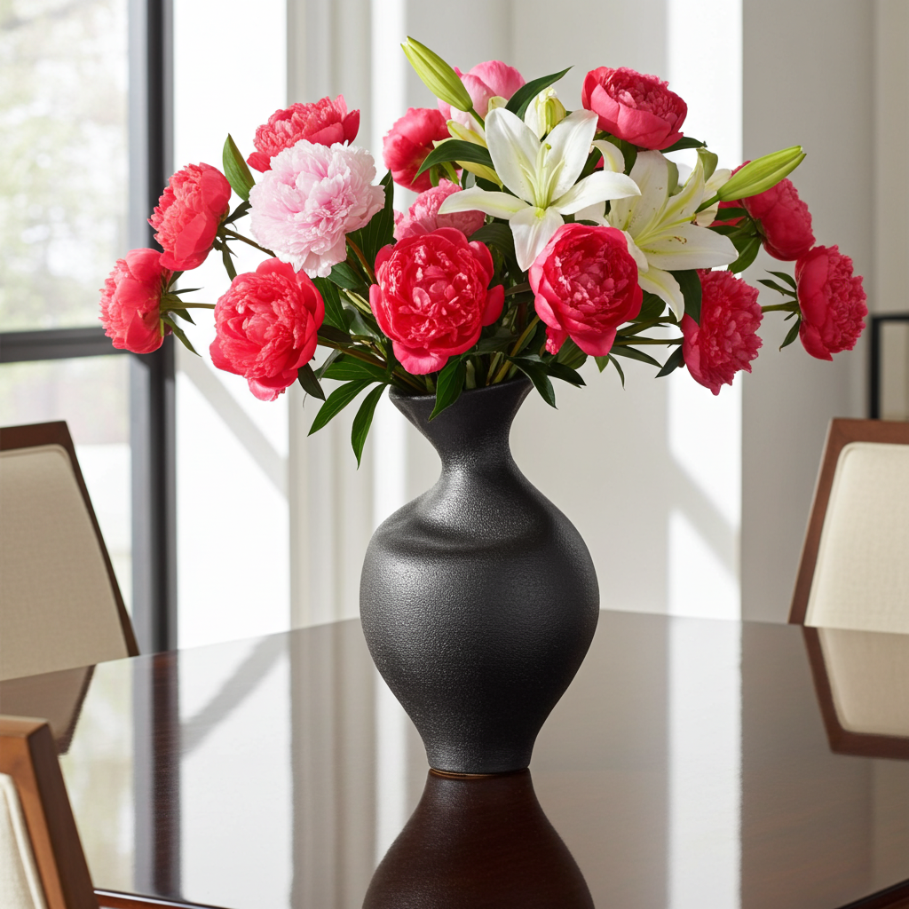 Bouquet of pink and white flowers in a dark gray vase on a table with a window in the background.