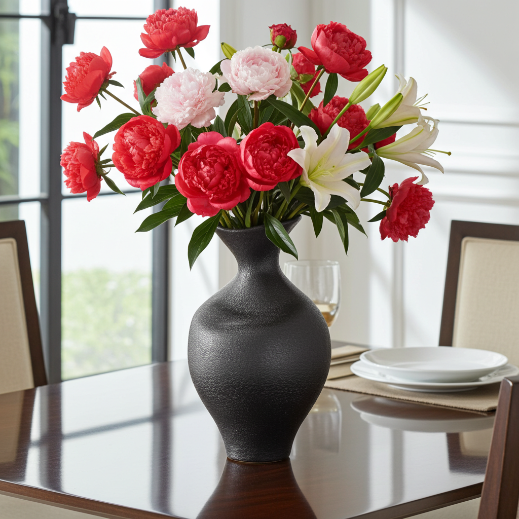 Bouquet of red, pink, and white flowers in a dark gray vase on a dining table.