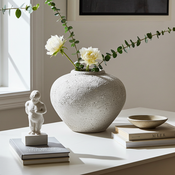 Decorative setting with a textured vase, books, and a small statue on a surface.